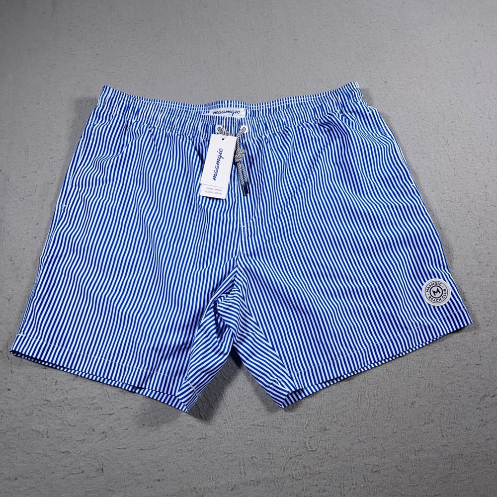 Maamgic Mens‎ XXL Swim Trunks Striped Blue White Drawstring Swimsuit Shorts NWT